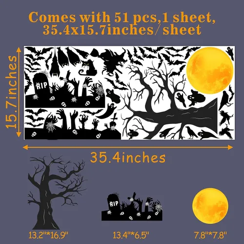 Miniatura 5 de Barri Design Calcomanías de pared de murciélago de Halloween, árbol de luna, bruja, calcomanías de pared extraíbles para Halloween, calcomanías