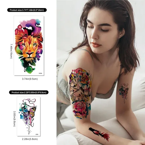 Miniatura 3 de Aresvns Tatuaje temporal de acuarela 3D para barbacoa, piscina, fiesta en la playa, 14 hojas de rosas, flores, mariposas, leones, tatuajes falsos