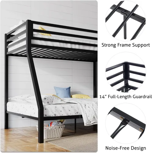 Miniatura 6 de SHA CERLIN Litera tipo loft de tamaño Twin sobre Full con escalera y barandilla, listones de metal resistente, no necesita somier, muebles Negro