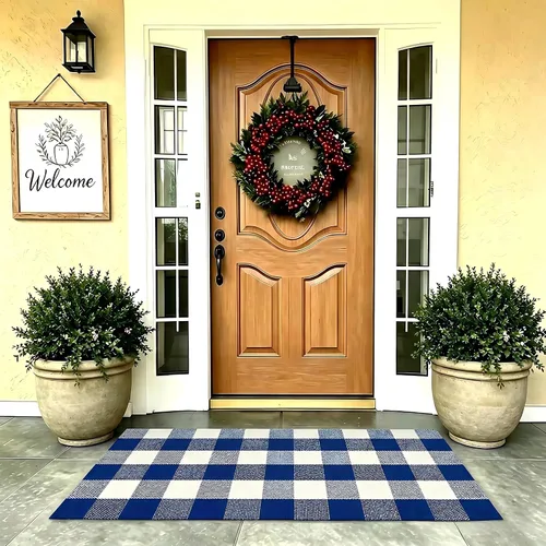 Miniatura 20 de SEEKSEE Alfombra de Algodón a Cuadros Buffalo de 27.5"x43" Alfombra a Cuadros Blanco y Negro Lavable Tapetes para Puerta Interior Exterior Alfombras