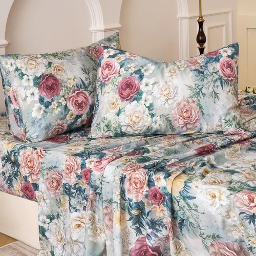 Juego de sábanas de cama floral azul 100% algodón percal tamaño King, diseño vintage chic shabby, con patrón de peonía, ropa de cama suave y Monet