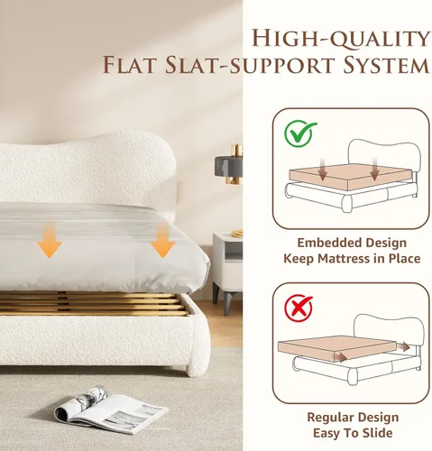 Miniatura 6 de Kelway Base de cama tamaño Queen Boucle tapizada con cabecera ajustable curvada, no necesita somier, color beige