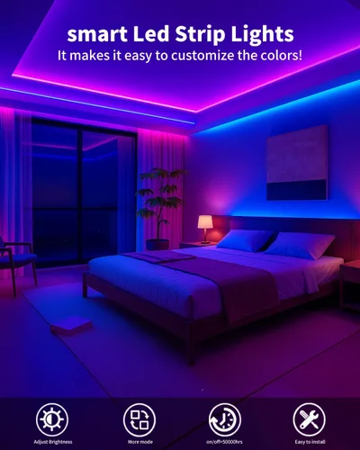 Miniatura 4 de Tiras de Luces LED Inteligentes de 50 Pies para Dormitorio, Control por Aplicación, Iluminación para Dormitorio, Decoración de Habitación
