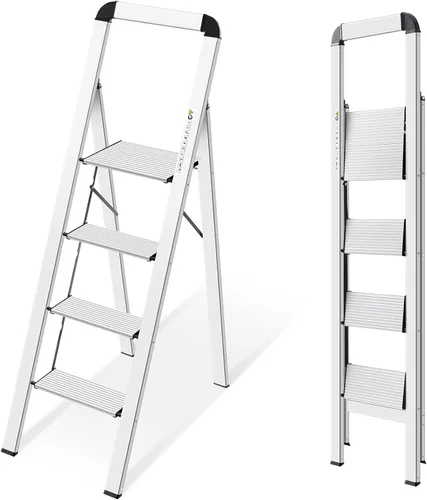 Miniatura 11 de KINGRACK Escalera de escalón, 2 escalones, escalera plegable con pasamanos, escalera antideslizante de seguridad plegable para el hogar, taburete