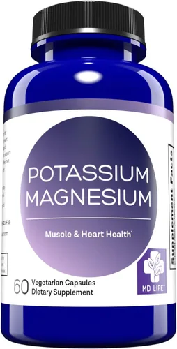 MD. Life Suplemento de magnesio y potasio 60 cápsulas Complejo de magnesio de alta absorción Suplemento de magnesio para apoyar la salud vascular