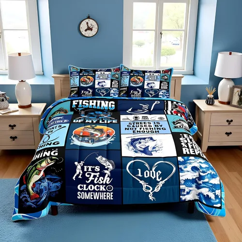 Manfei Go Fishing Juego de edredón tamaño King para niños, juego de ropa de cama con diseño geométrico de peces de bass y rombos, decoración para