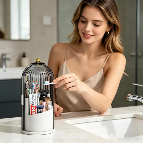 Miniatura 2 de Soporte para cepillos de dientes a prueba de polvo con tapa, soporte giratorio de 360 grados para pasta de dientes para cepillos de dientes