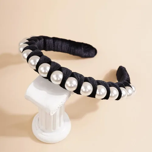 Miniatura 2 de Wiwpar Diademas de perlas de terciopelo para el pelo con perlas, elegante diadema de perlas antideslizantes, accesorios de moda para el cabello
