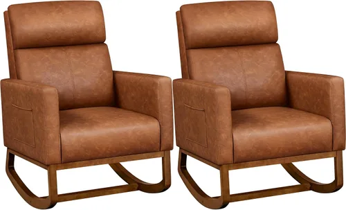 Miniatura 11 de Yaheetech Mecedora tapizada para cuarto de bebé, con patas de madera de goma, bolsillo lateral, sillón con respaldo alto para sala de estar, Beige