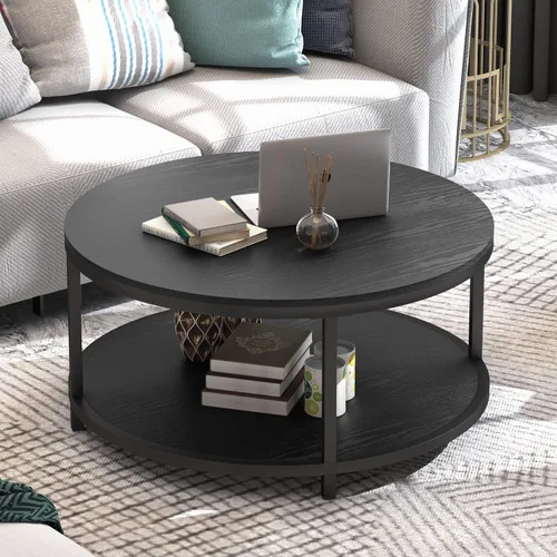 Miniatura 3 de WiberWi Mesa de Centro Redonda Negra de 35.8" Mesas de Centro Circulares para Sala de Estar Diseño Industrial Rústico con Patas de Marco de Metal