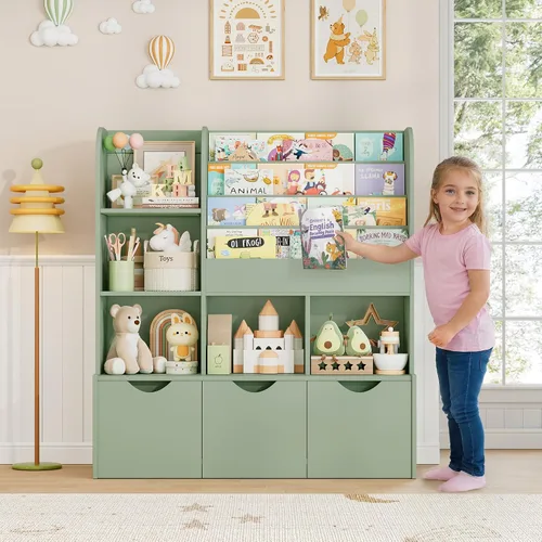 Miniatura 4 de FOTOSOK Estantería para niños de 47 pulgadas con almacenamiento de juguetes, estantería multifuncional con 5 cubos de almacenamiento y 3 cajones