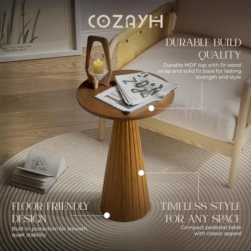 Miniatura 4 de COZAYH Martini - Mesa de pedestal pequeña, soporte para bebidas con mesa redonda de madera y acabado texturizado moderno para espacios pequeños