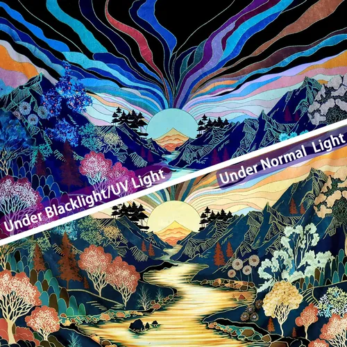 Miniatura 4 de Dermijer Tapiz con luz negra, bosque y montaña, tapiz solar reactivo a los rayos UV, tapices de paisaje retro con luz negra, acuarela, árboles, arte