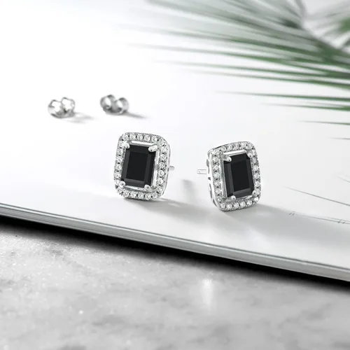Miniatura 33 de Gem Stone King Aretes de plata de ley 925 con piedra natal Corte esmeralda de 0.315 x 0.236 in Aretes de halo para mujer