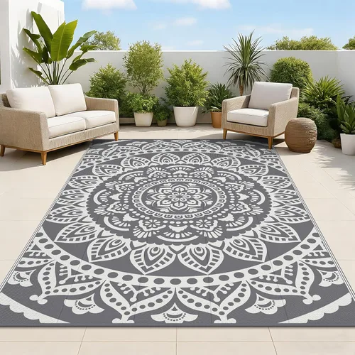 Miniatura 11 de Bsmathom Alfombra impermeable para exterior de 6'x9' reversible de pajita de plástico estilo boho para patio, terraza, camping, alfombras, portátil