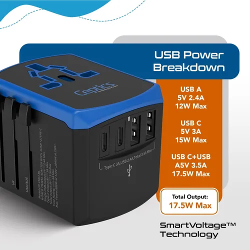 Miniatura 6 de Ceptics Adaptador de viaje universal, cargador universal 5 en 1 para laptop con 2 puertos USB-A y USB-C 3.5A para móviles, portátiles, cámaras