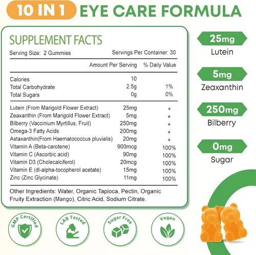 Miniatura 7 de Gomitas de luteína de 25 mg, suplementos de luteína y zeaxantina sin azúcar, suplemento de salud ocular para adultos, vitaminas oculares luteína