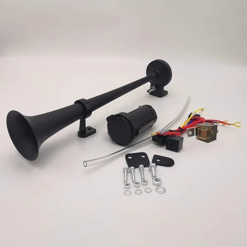 Miniatura 3 de Bocina de aire de 12 V 150 DB Bocina de coche 17.7 in Altavoz de coche Negro Cromo Zinc Trompeta simple Bocina súper fuerte con bomba de aire Bocina