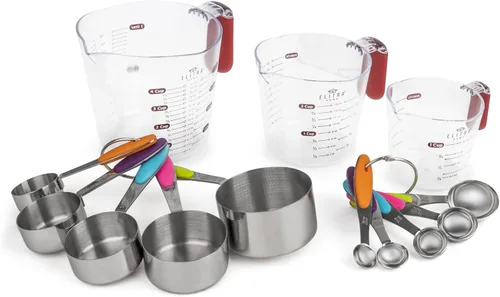 Elitra Home Juego completo de medición, 13 tazas de acero inoxidable, cucharas, jarras de medición de plástico con boquilla, medidas grabadas, asas