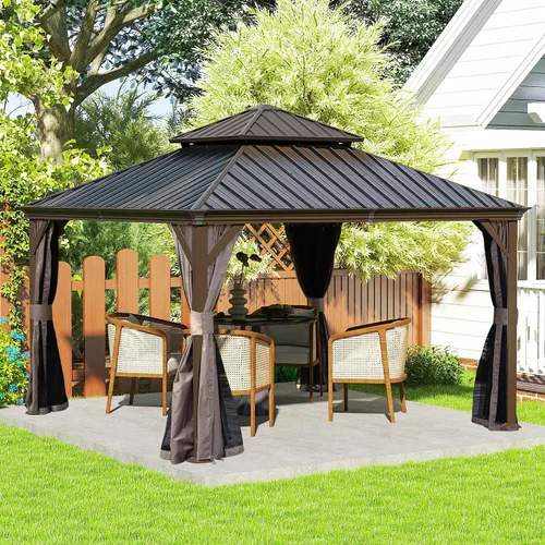 Miniatura 31 de Domi - Cenador permanente de metal con techo rígido de 8 x 8 pies, con doble techo de acero galvanizado, cortinas y malla para fiestas, bodas, Gris