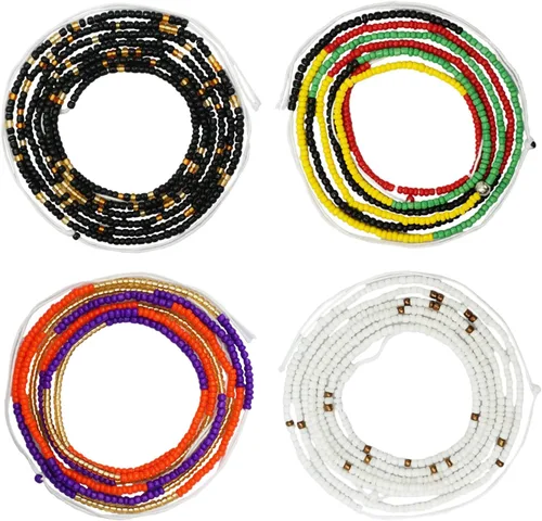 4 cuentas de cintura africana hechas a mano de 50 pulgadas para mujer, no elásticas (corbata)