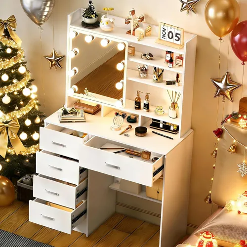 Miniatura 10 de Escritorio blanco cálido con espejo iluminado LED, mesa de tocador de maquillaje con armario izquierdo iluminado, 6 cajones y taburete, tocador