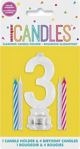 Miniatura 6 de Juego de velas y número iluminado multicolor para torta de cumpleaños, 5 unidades, 3, Multicolor