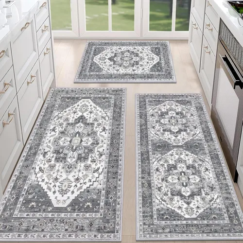 Miniatura 32 de HEBE - Juego de alfombras de cocina bohemias de 3 piezas con corredor, alfombras de cocina antideslizantes y tapetes lavables para piso de cocina