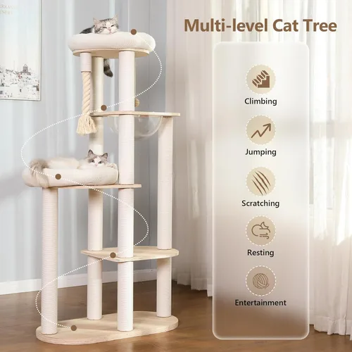 Miniatura 5 de Árbol moderno para gatos de 59 pulgadas, torre grande de varios niveles, árbol de madera resistente para gatos con hamaca, poste rascador de algodón