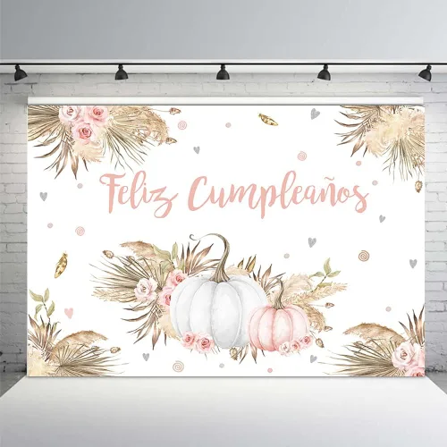 MEHOFOND Telón de fondo bohemio de 7 x 5 pies para niñas, otoño, calabaza, rubor, rosa, floral, hierba de pampas, princesa, fondo de fotografía de