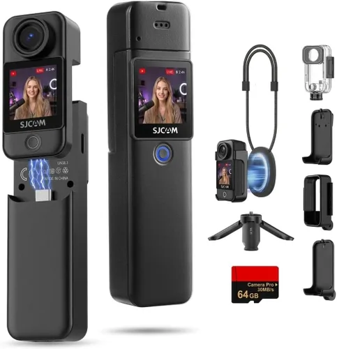 SJCAM Cámara C300 de 64 GB 4K VLOGGING con agarre de potencia de 7 horas, cámara corporal con estabilización de 6 ejes para vlogs diarios de Negro