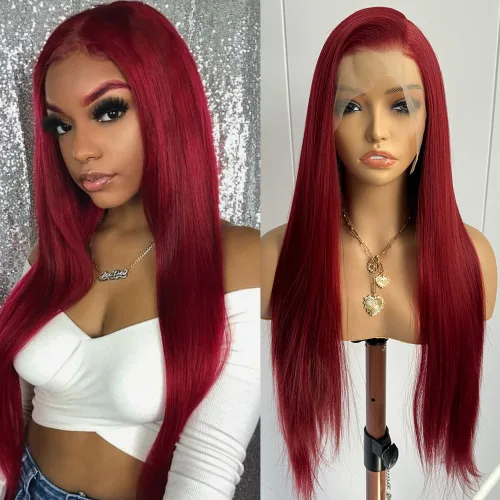 RONGDUOYI RDY - Pelucas largas y sedosas con encaje frontal para mujer, pelucas sintéticas de color rojo vino prearrancadas de 24 pulgadas con línea