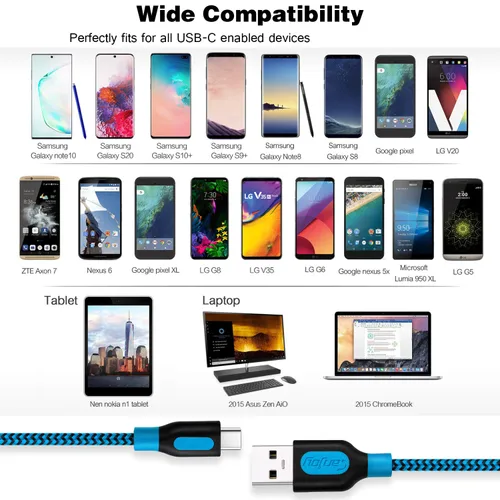 Miniatura 7 de Canjoy Cable USB tipo C, paquete de 3 cargadores trenzados tipo C de 10 pies, cable de carga rápida compatible con Samsung Galaxy S10 S10+ S10e S8
