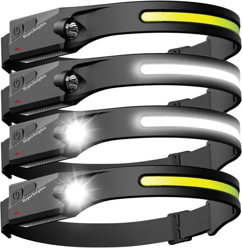 Linterna Frontal LED Recargable Paquete de 4 – 500 Lúmenes, Impermeable, Haz Ancho de 230°, USB-C, Ligera, Cómoda con Largo Tiempo de Funcionamiento