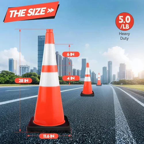 Miniatura 2 de Conos de seguridad de tráfico de PVC naranja de 28 pulgadas con base negra resistente y collares reflectantes de 6 pulgadas + 4 pulgadas para conos