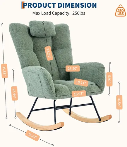 Miniatura 9 de Mecedora deslizadora tapizada con patas de madera para sala de estar, dormitorio, cuarto de bebé, incluye bolsillos laterales