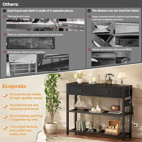 Miniatura 4 de Ecoprsio Mesa de Entrada con Tomacorrientes y Puertos USB, Mesa Consola con 2 Cajones, Mesa de Sofá Pequeña con Estantes de Almacenamiento para Sala