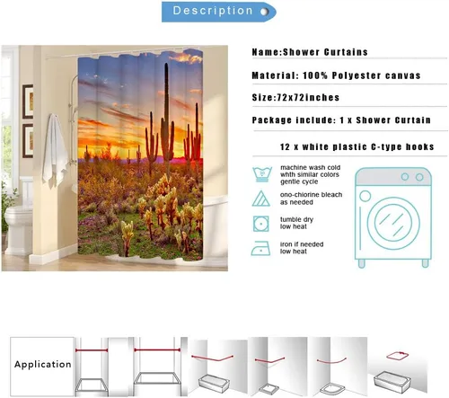 Miniatura 6 de LUKUY Saguaro - Cortina de ducha para el baño, diseño de paisaje del desierto de Arizona con cactus montaña al atardecer, tela de tela con ganchos