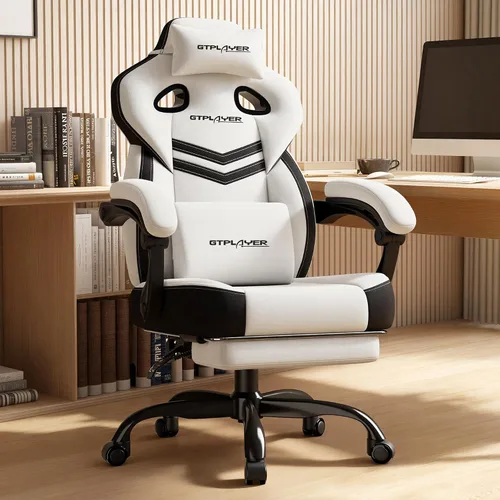 Miniatura 14 de GTPLAYER Sillas de juegos para adultos, asiento ergonómico grande y alto para juegos con reposapiés y soporte lumbar, cómoda silla de oficina