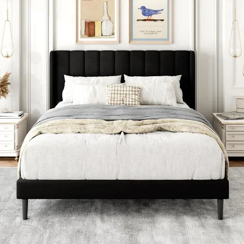 Miniatura 30 de Gruwans Estructuras de Cama Individual con Cabecera Wingback, Camas de Plataforma Tapizadas, No Necesita Somier, Soporte Resistente de Listones