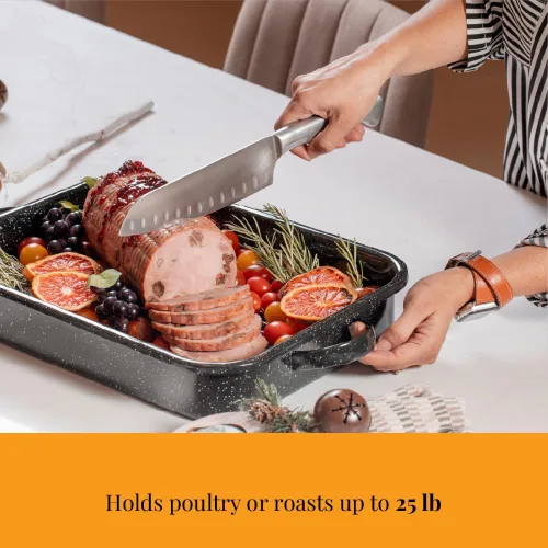 Miniatura 5 de Granite Ware Bandeja abierta para asar con rejilla plana (negro moteado) - Capacidad para hasta 25 libras de aves de corral o asado.