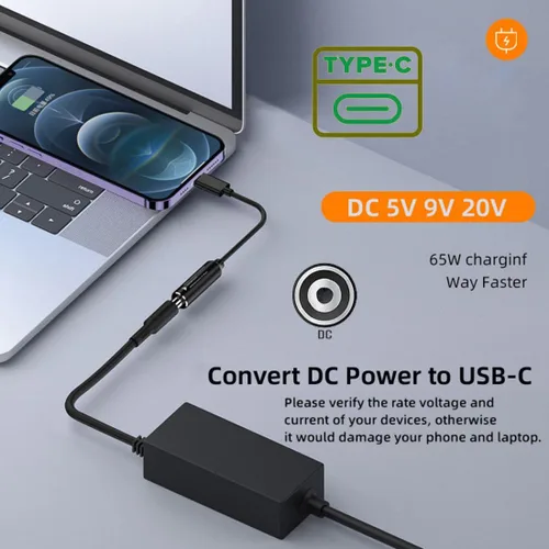 Miniatura 4 de chenyang Convertidor de alimentación CC a USB C, USB C macho a CC 0.138x0.051 in PD 65W 5V/9V/20V adaptador de cable de carga rápida