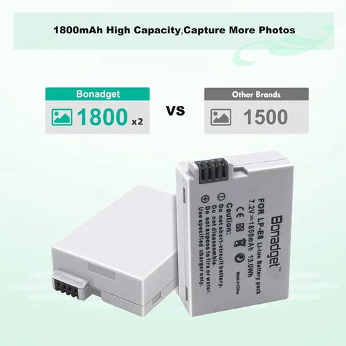Miniatura 2 de Bonadget Paquete de 2 baterías LP-E8 y cargador dual LCD compatible con cámara digital Canon Rebel T3i T5i T2i T4i, EOS 700D 600D 550D 650D, Kiss X4