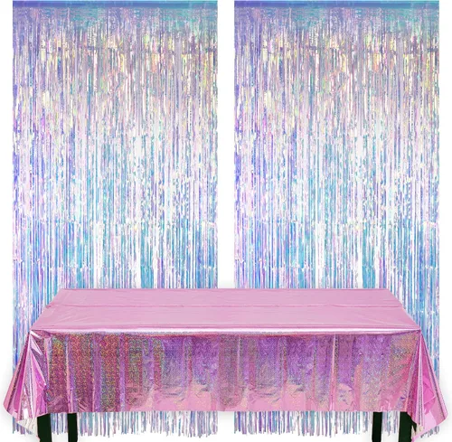 GREATRIL Cortinas de flecos de papel de aluminio iridiscente, 2 paquetes y manteles de fiesta rosa, 2 paquetes para decoración de fondo de fiesta