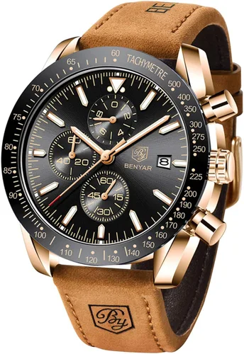Miniatura 6 de BENYAR - Relojes para hombre, cronógrafo de cuarzo, marca de lujo, impermeable, relojes de pulsera de cuero marrón a la moda para hombres