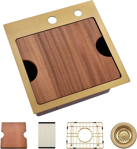 In-VASOYO - Fregadero de barra dorada de 15 pulgadas para fregadero de cocina pequeño de 15 x 15 pulgadas, fregaderos de barra húmeda, fregadero de