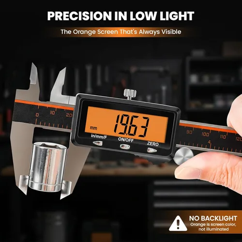 Miniatura 3 de HARDELL Calibre digital, herramienta de medición de pinza recargable de 6 pulgadas con pantalla naranja grande (sin retroiluminación), micrómetro