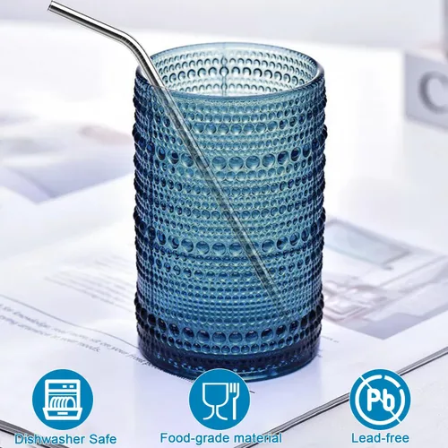 Miniatura 3 de Blue Hobnail - Juego de 6 vasos de vidrio vintage transparente de 15 onzas, vasos altos de vidrio azul vintage para jugo, cerveza, cóctel, leche