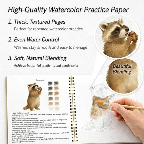 Miniatura 6 de Libro de trabajo de acuarela para principiantes, animales, 16 proyectos de acuarela originales, libro de papel de acuarela plano