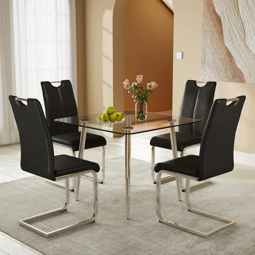 Miniatura 8 de Juego de mesa de comedor cuadrada de vidrio de 36 pulgadas con 4 sillas tapizadas de piel sintética con respaldo alto, diseño moderno de patas